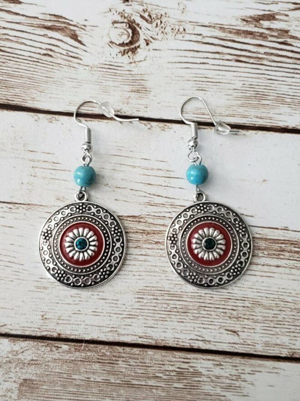 Ornate Patterned Circle Dangle Earrings Silver Tone, Red, Blue - New